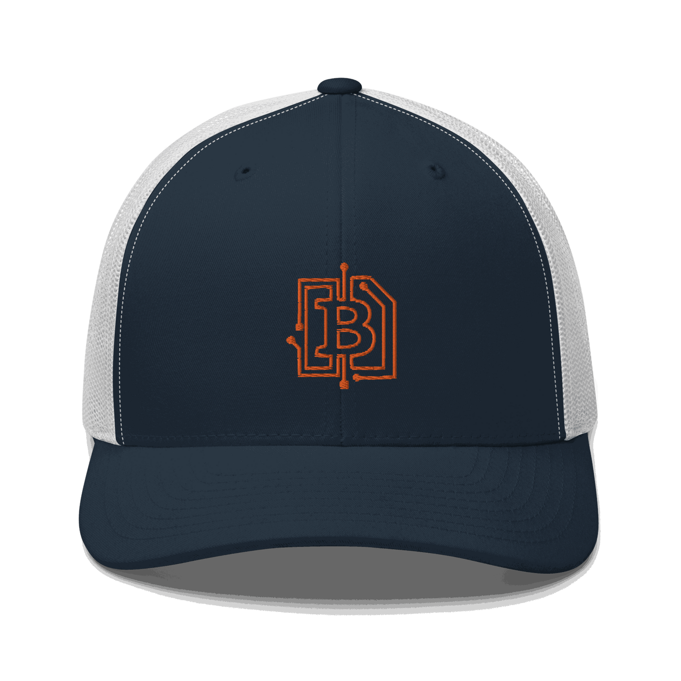 Front view of a navy blue and white bitcoin trucker cap.