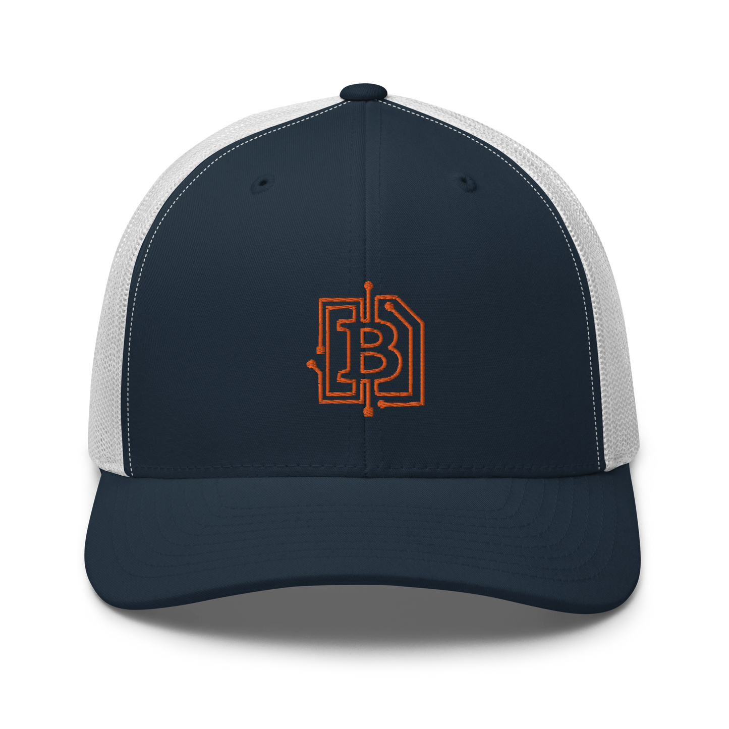 Front view of a navy blue and white bitcoin trucker cap.