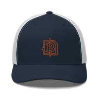 Front view of a navy blue and white bitcoin trucker cap.