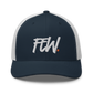 Front view of a navy blue and white bitcoin trucker cap.