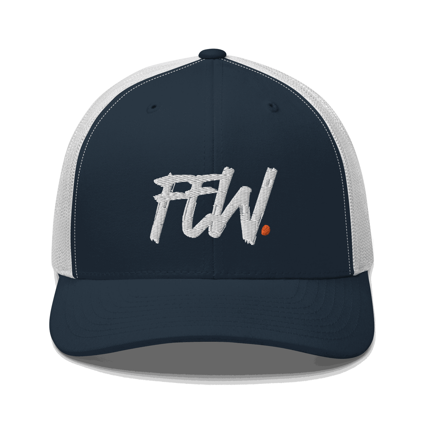 Front view of a navy blue and white bitcoin trucker cap.