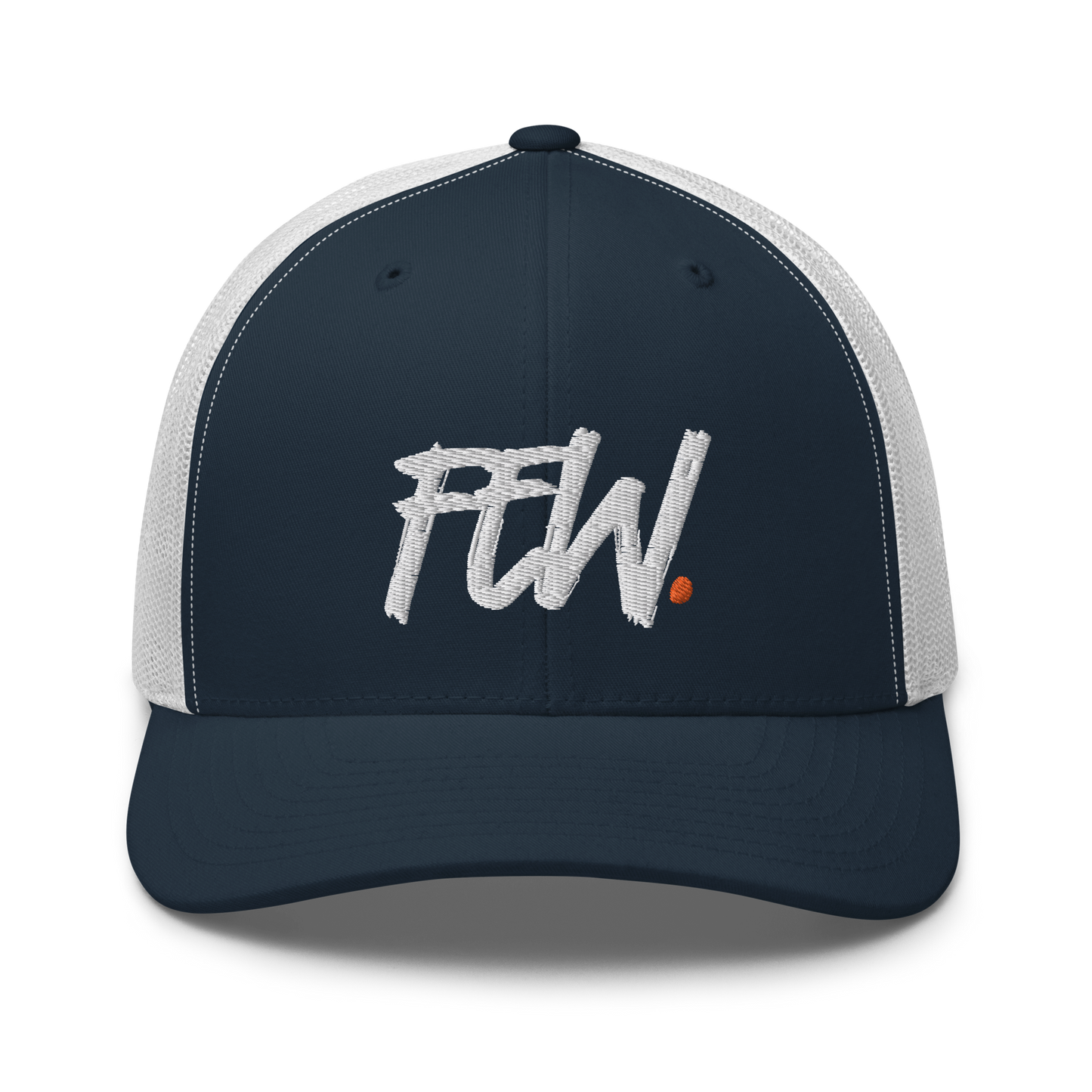 Front view of a navy blue and white bitcoin trucker cap.