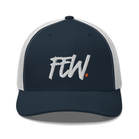 Front view of a navy blue and white bitcoin trucker cap.