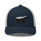 Front view of a navy blue and white bitcoin trucker cap.