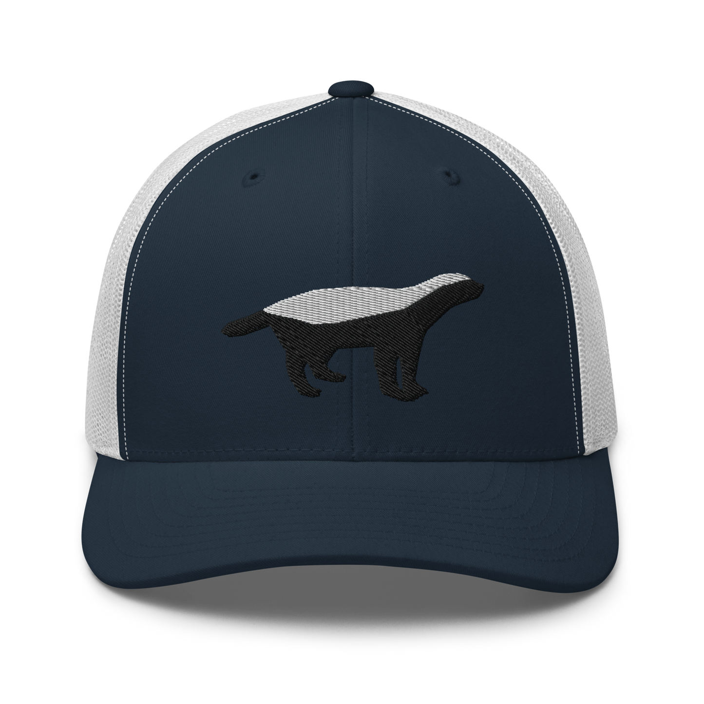 Front view of a navy blue and white bitcoin trucker cap.