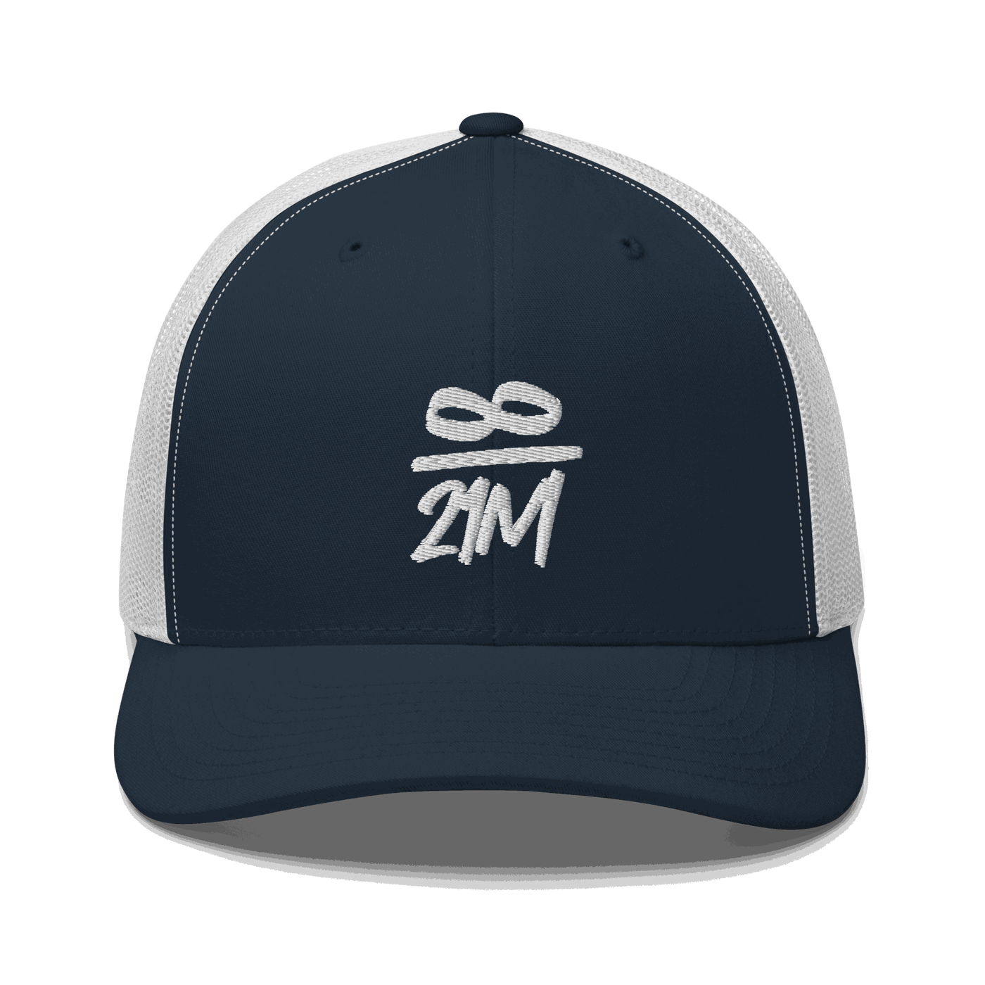 Front view of a navy blue and white bitcoin trucker cap.