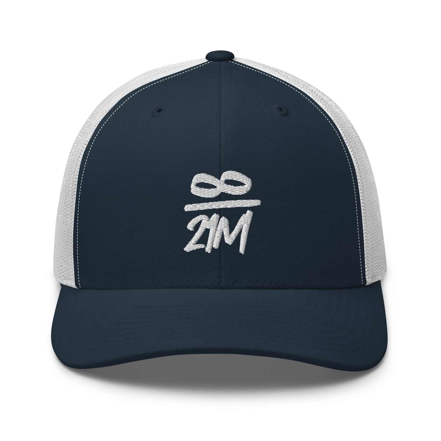 Front view of a navy blue and white bitcoin trucker cap.