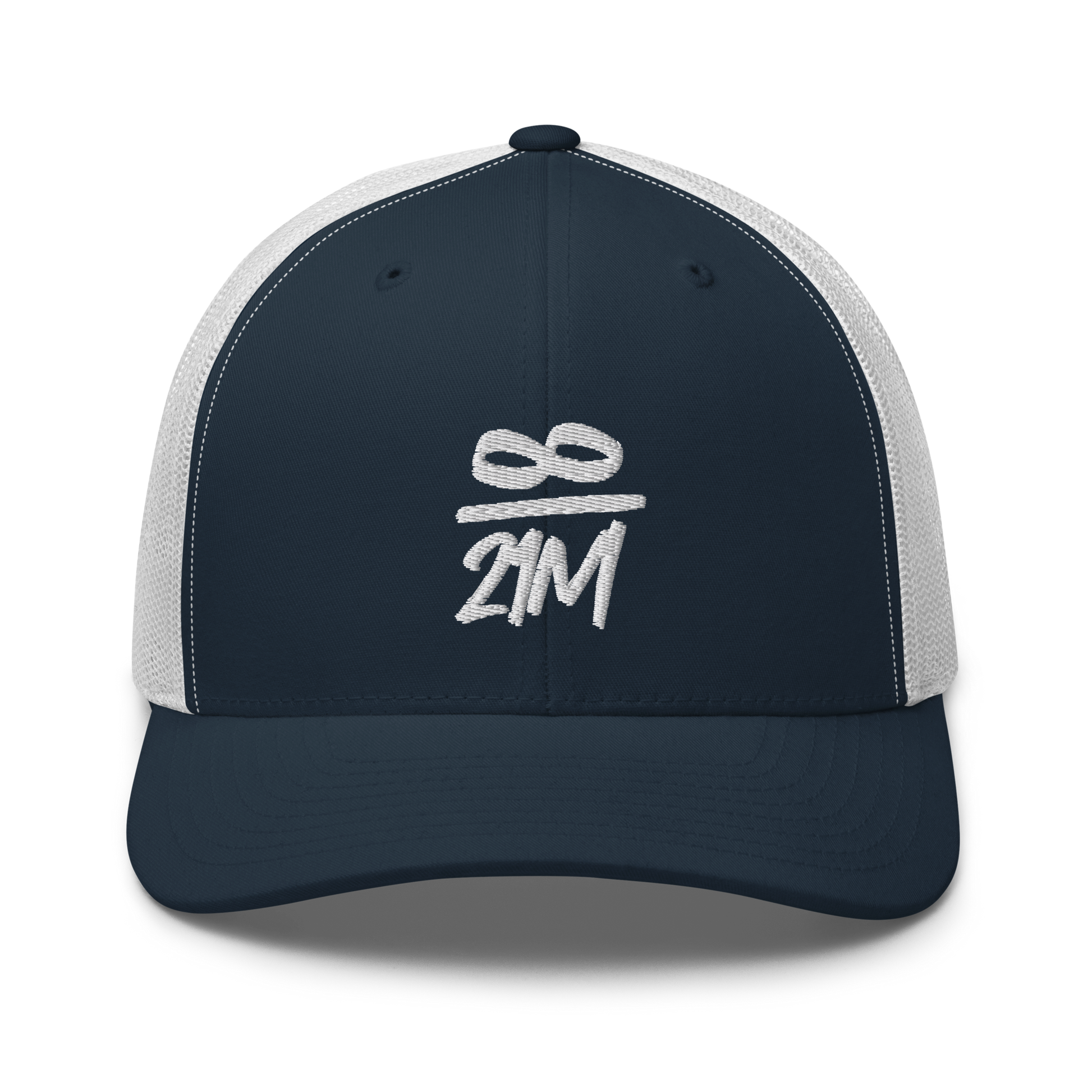 Front view of a navy blue and white bitcoin trucker cap.