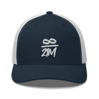 Front view of a navy blue and white bitcoin trucker cap.
