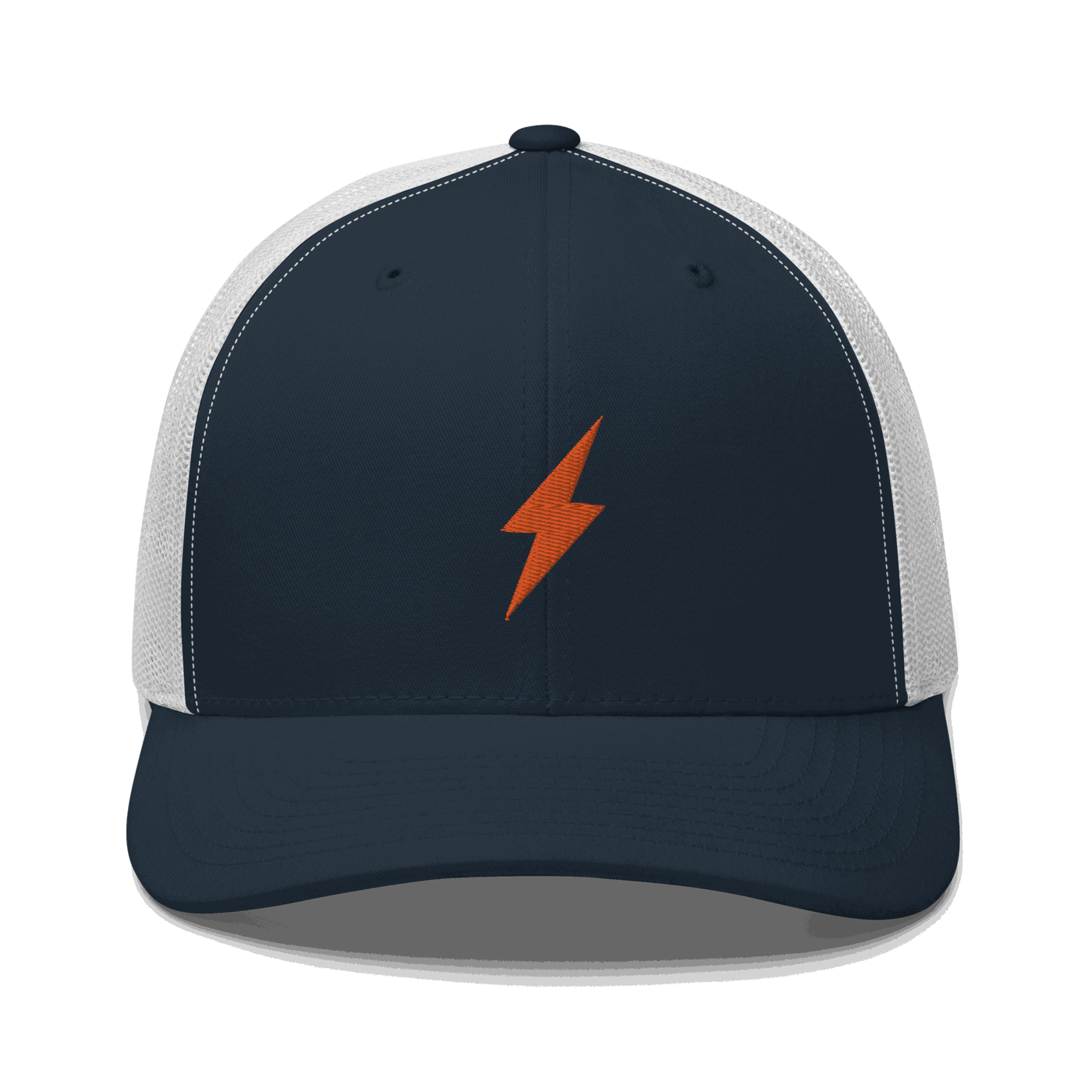 Black six-panel lightning bitcoin trucker cap with mesh back and adjustable closure