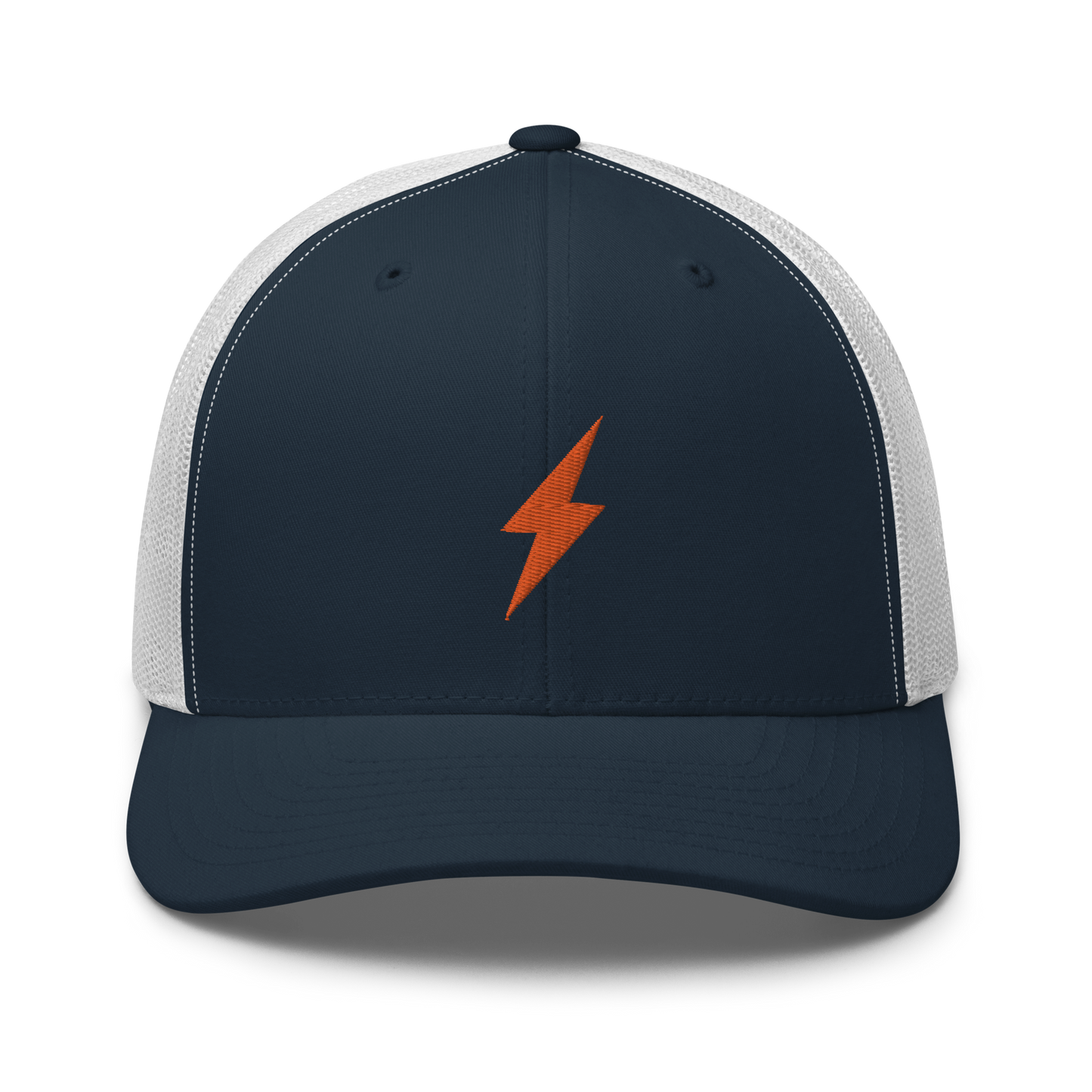 Front view of a navy blue and white bitcoin trucker cap.