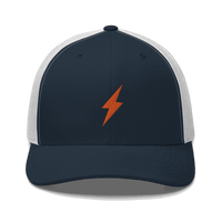 Black six-panel lightning bitcoin trucker cap with mesh back and adjustable closure