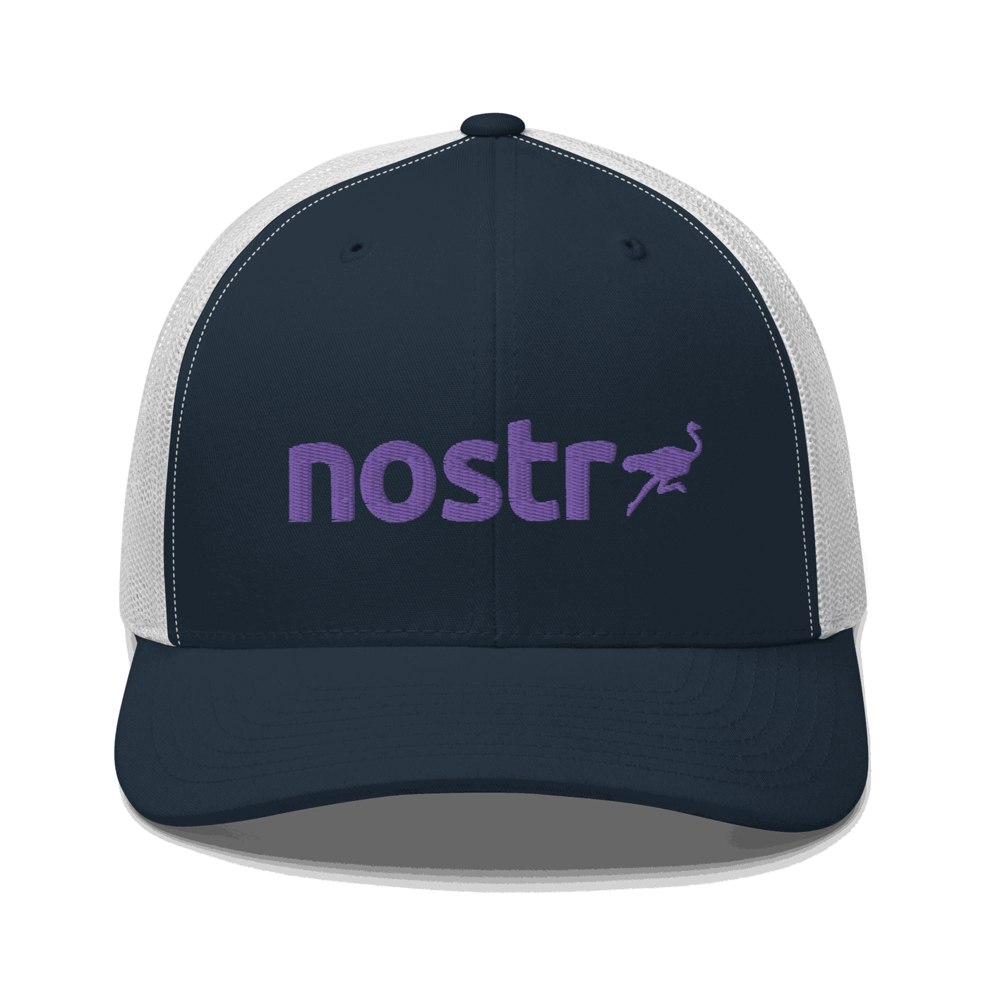 Front view of a navy blue and white bitcoin trucker cap.