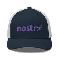 Front view of a navy blue and white bitcoin trucker cap.