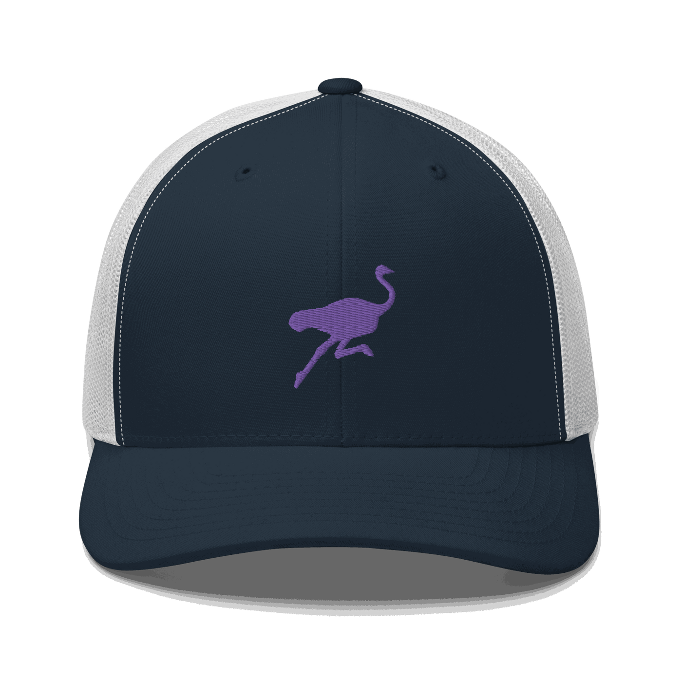 Front view of a navy blue and white bitcoin trucker cap.