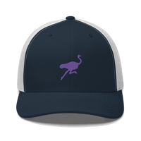 Front view of a navy blue and white bitcoin trucker cap.