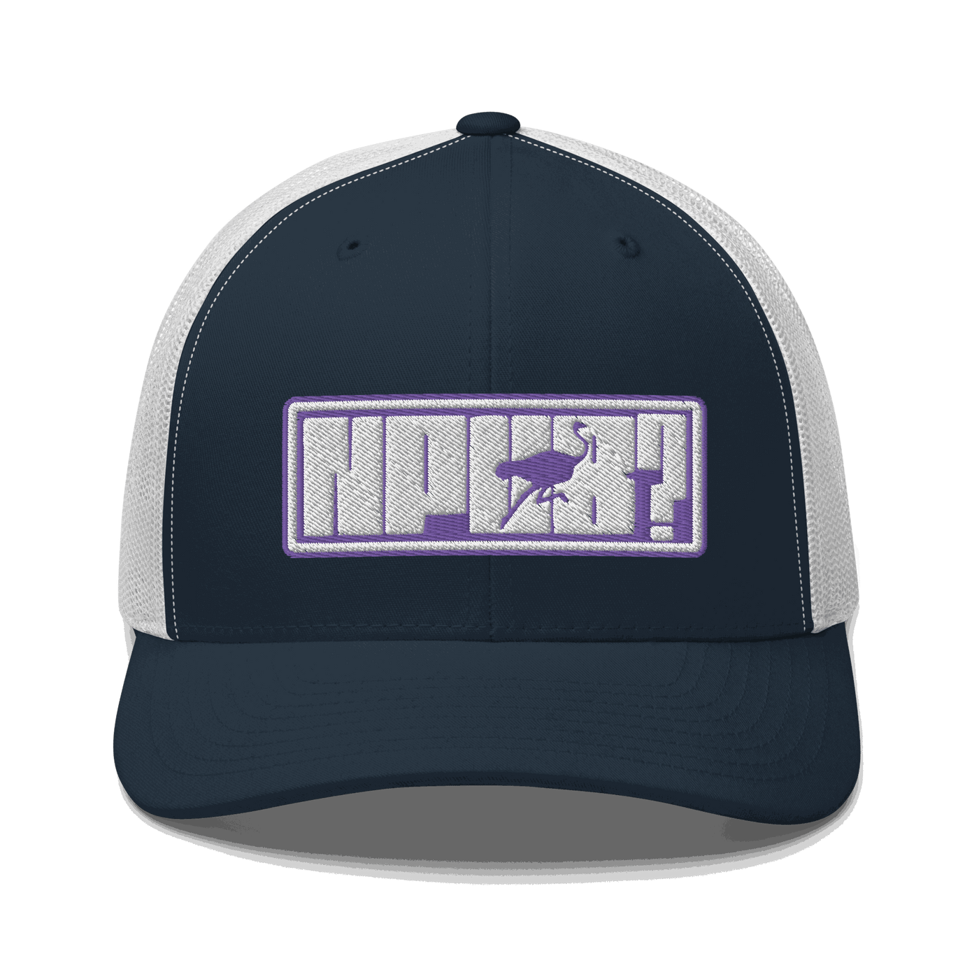 Front view of a navy blue and white bitcoin trucker cap.