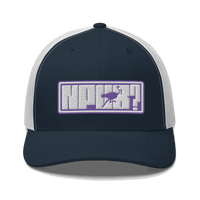 Front view of a navy blue and white bitcoin trucker cap.