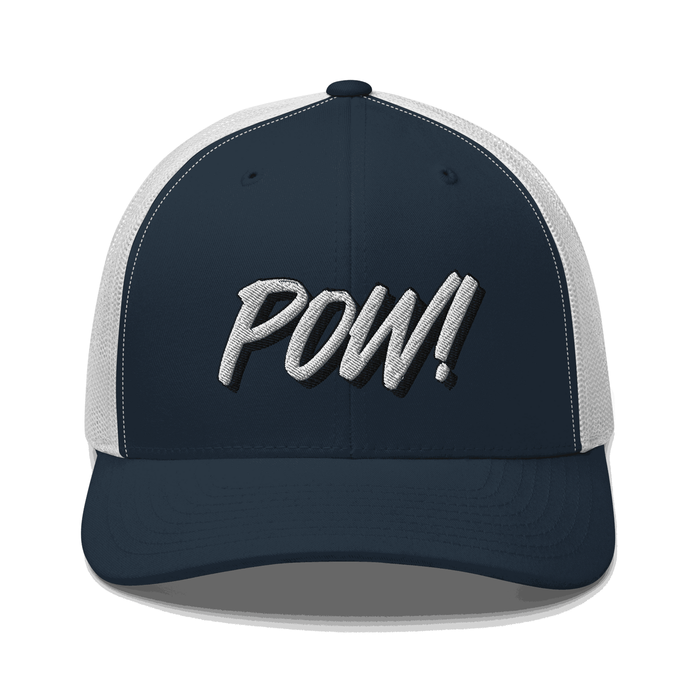 Front view of a navy blue and white bitcoin trucker cap.