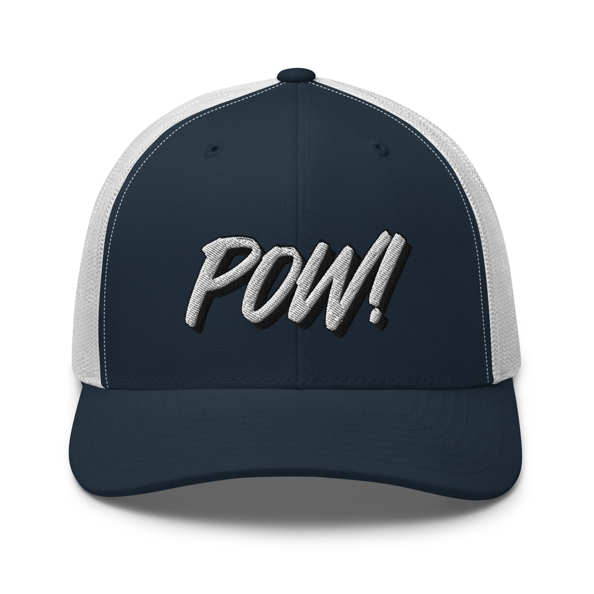 Front view of a navy blue and white bitcoin trucker cap.