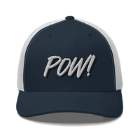 Front view of a navy blue and white bitcoin trucker cap.