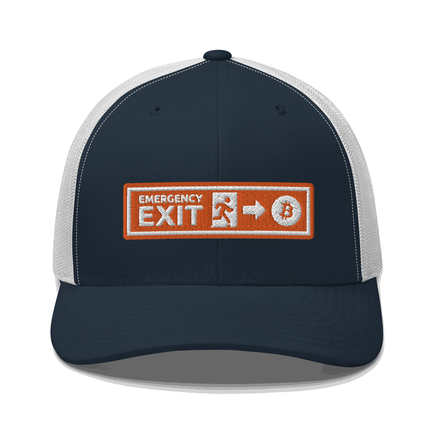 Front view of a navy blue and white bitcoin trucker cap.