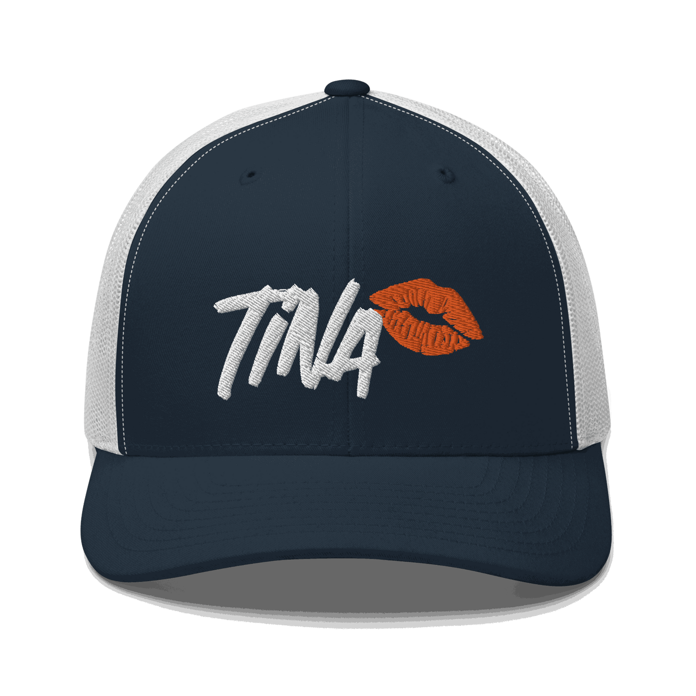Front view of a navy blue and white bitcoin trucker cap.