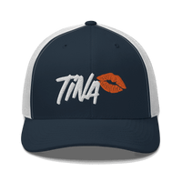 Front view of a navy blue and white bitcoin trucker cap.