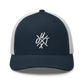 Front view of a navy blue and white bitcoin trucker cap.