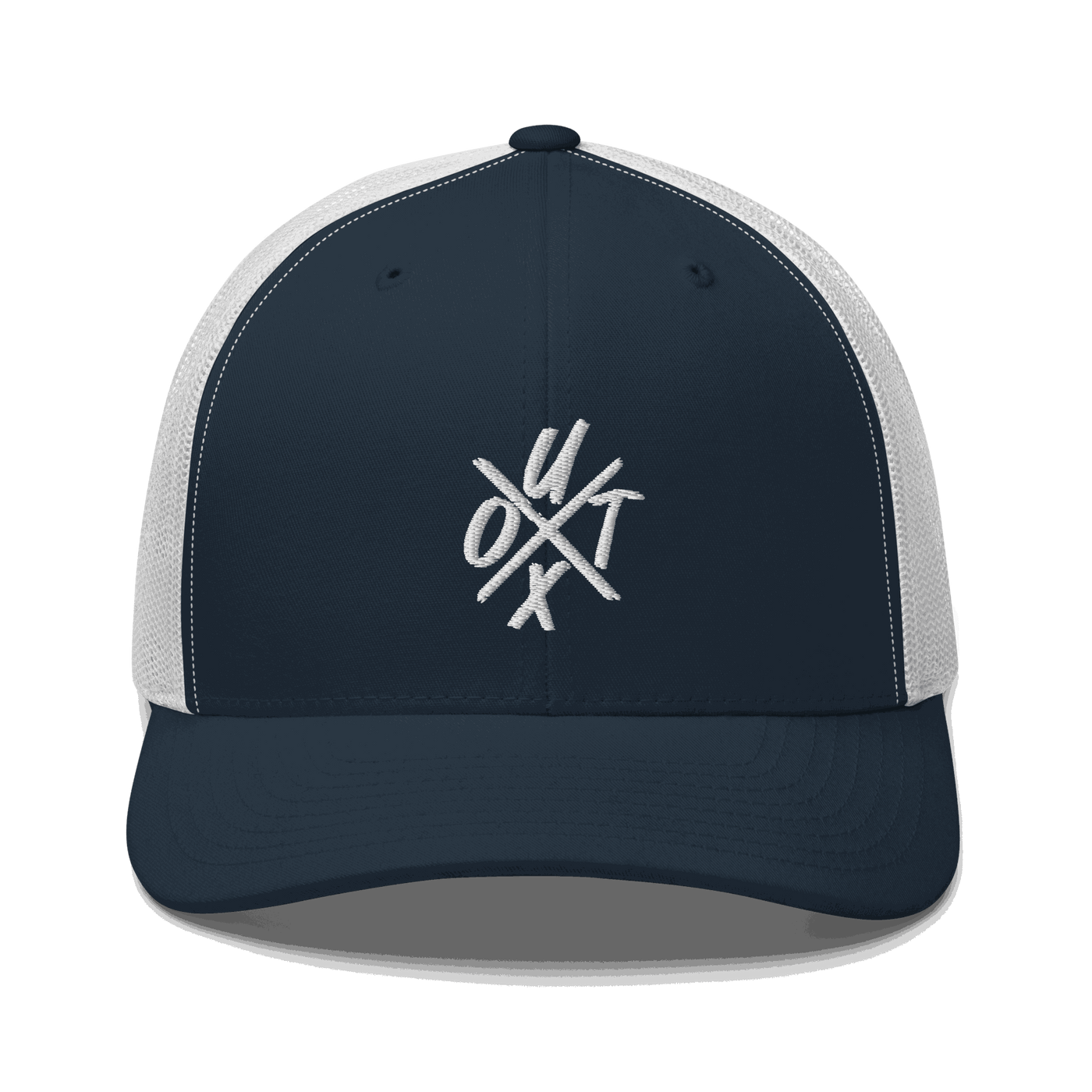 Front view of a navy blue and white bitcoin trucker cap.