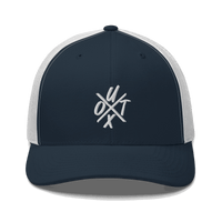 Front view of a navy blue and white bitcoin trucker cap.