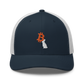 Front view of a navy blue and white bitcoin trucker cap.