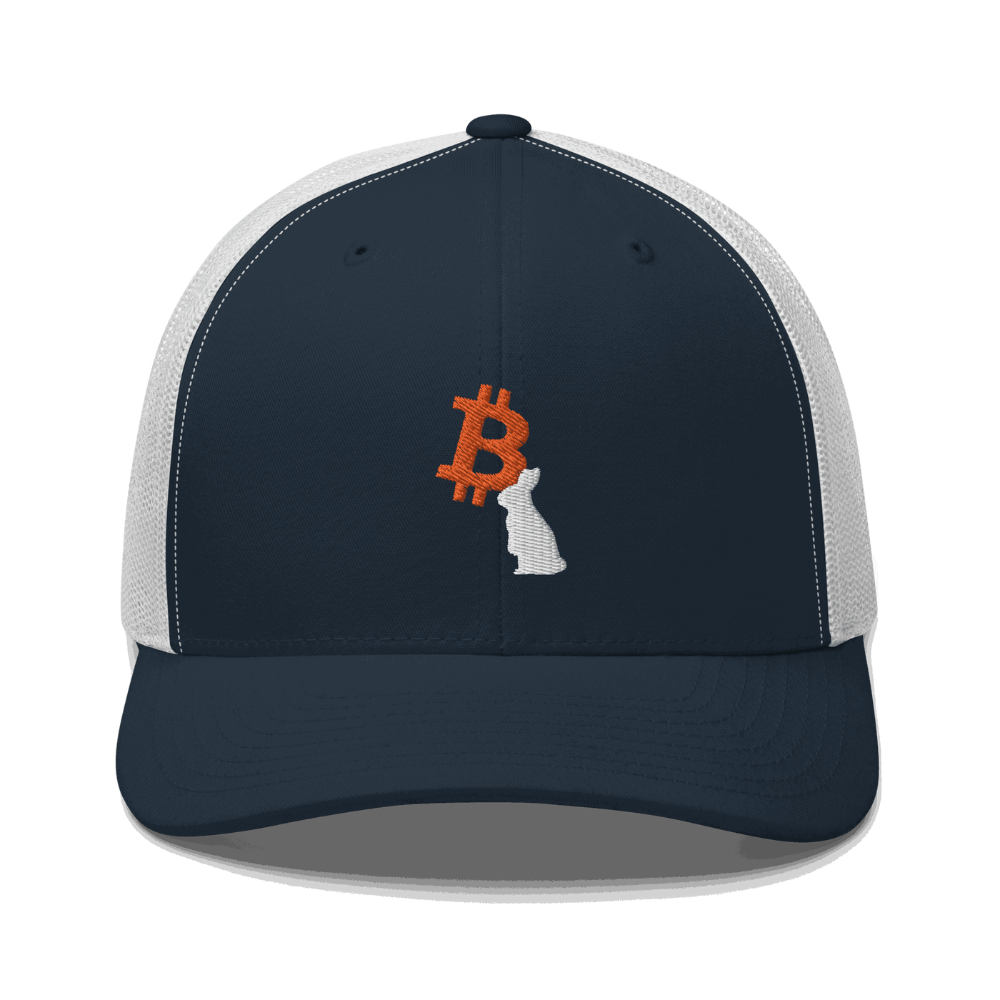 Front view of a navy blue and white bitcoin trucker cap.