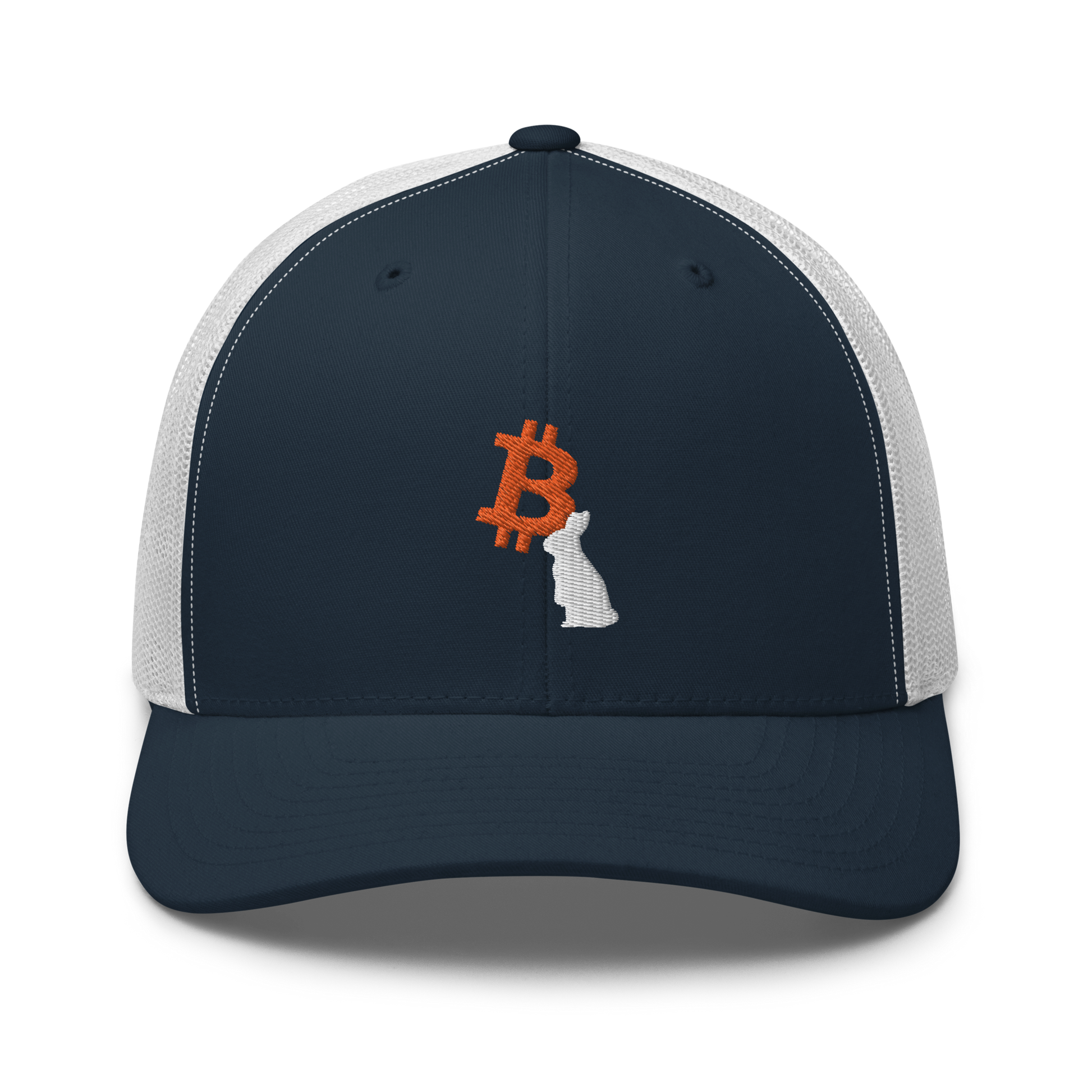 Front view of a navy blue and white bitcoin trucker cap.