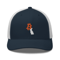 Front view of a navy blue and white bitcoin trucker cap.