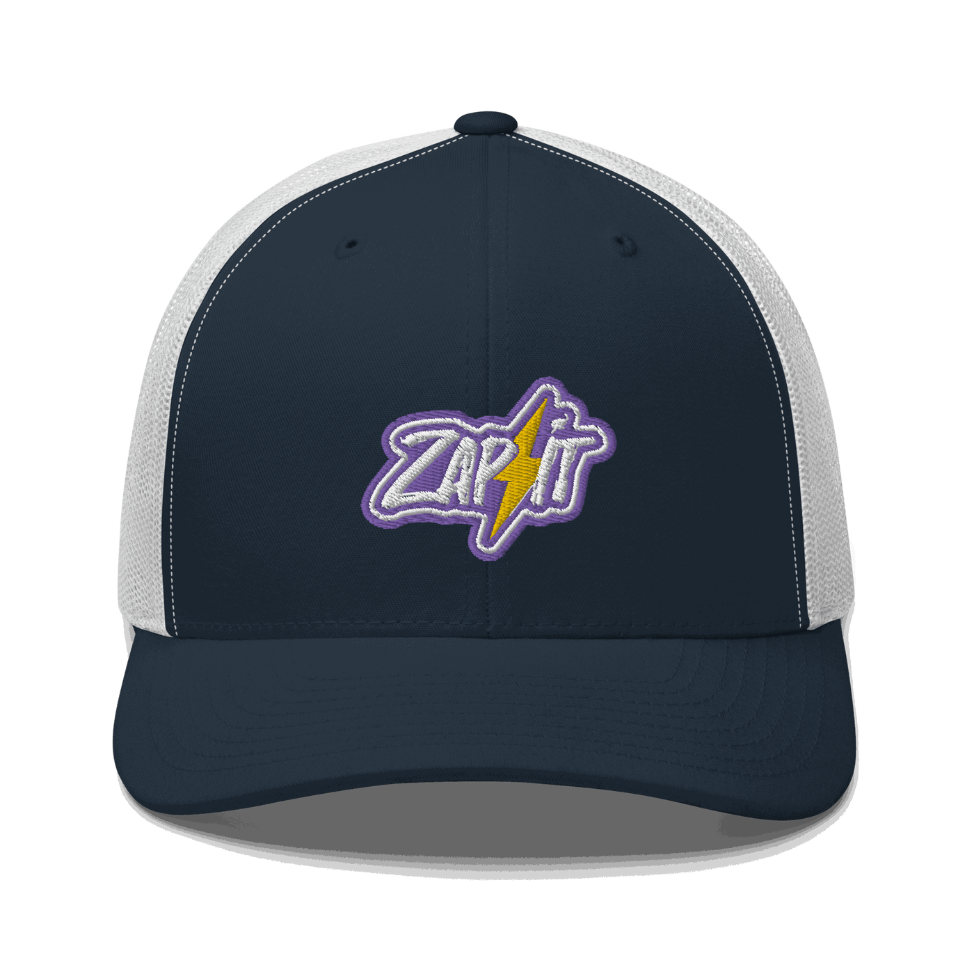 Front view of a navy blue and white bitcoin trucker cap.