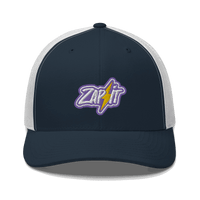 Front view of a navy blue and white bitcoin trucker cap.
