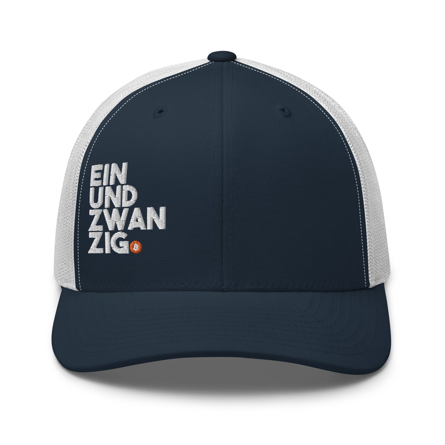 Front view of a navy blue and white bitcoin trucker cap.