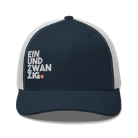 Black six-panel Bitcoin trucker cap with mesh back and embroidered logo