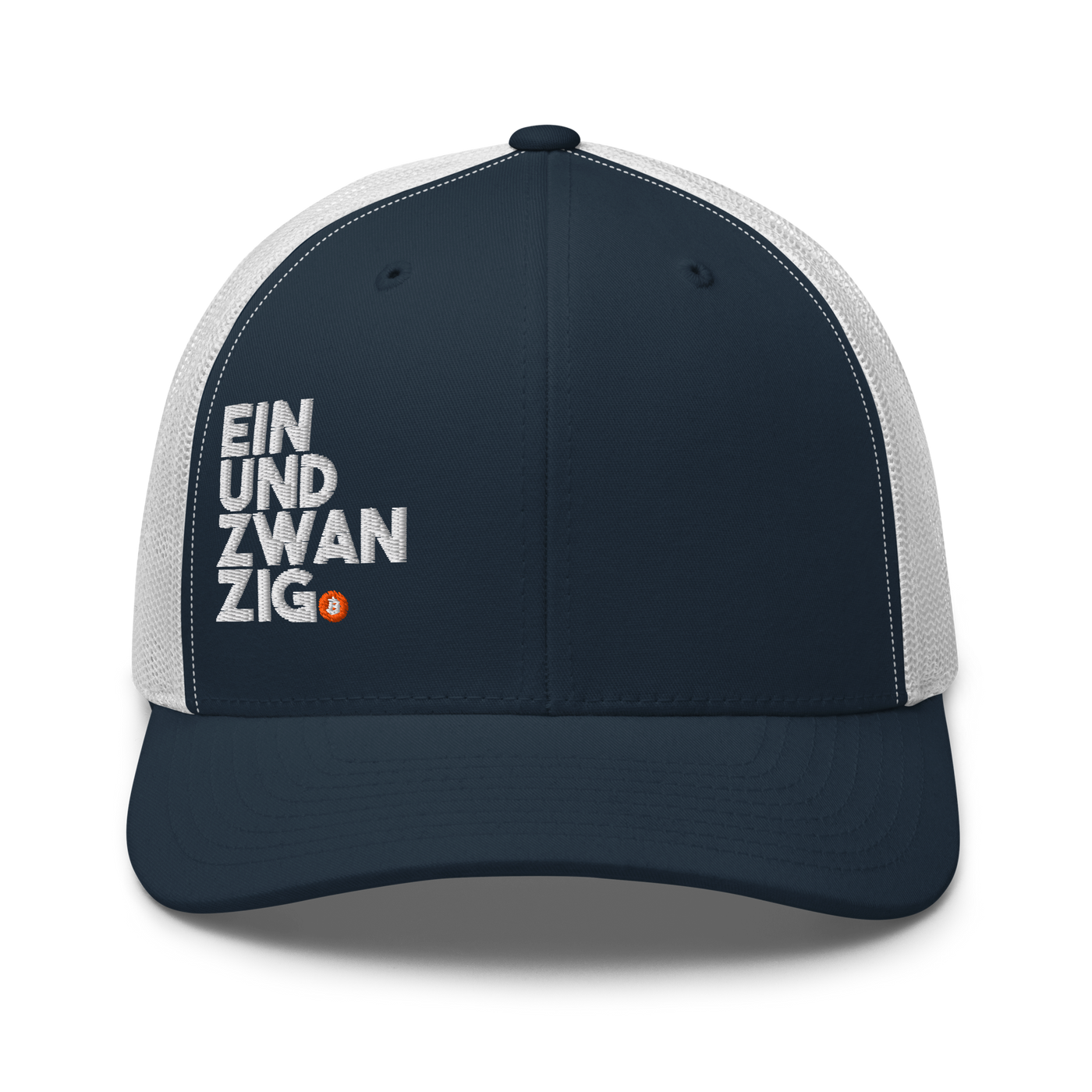 Einundzwanzig bitcoin trucker cap in Navy/ White, front view.