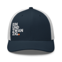 Einundzwanzig bitcoin trucker cap in Navy/ White, front view.