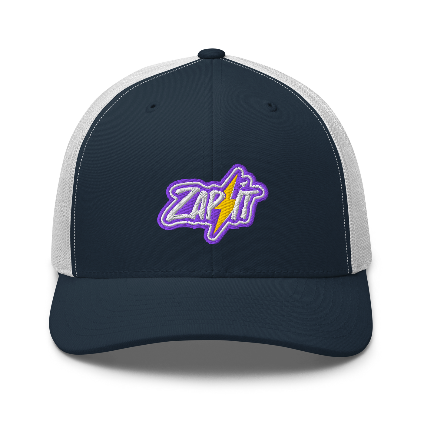 Zap It nostr trucker cap in Navy/ White, front view.