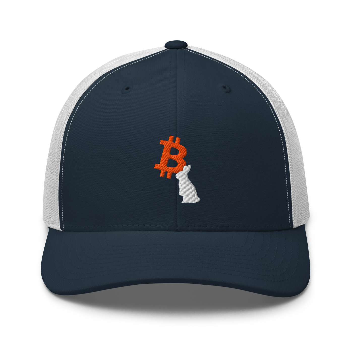 White Rabbit bitcoin trucker cap in Navy/ White, front view.
