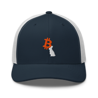 White Rabbit bitcoin trucker cap in Navy/ White, front view.