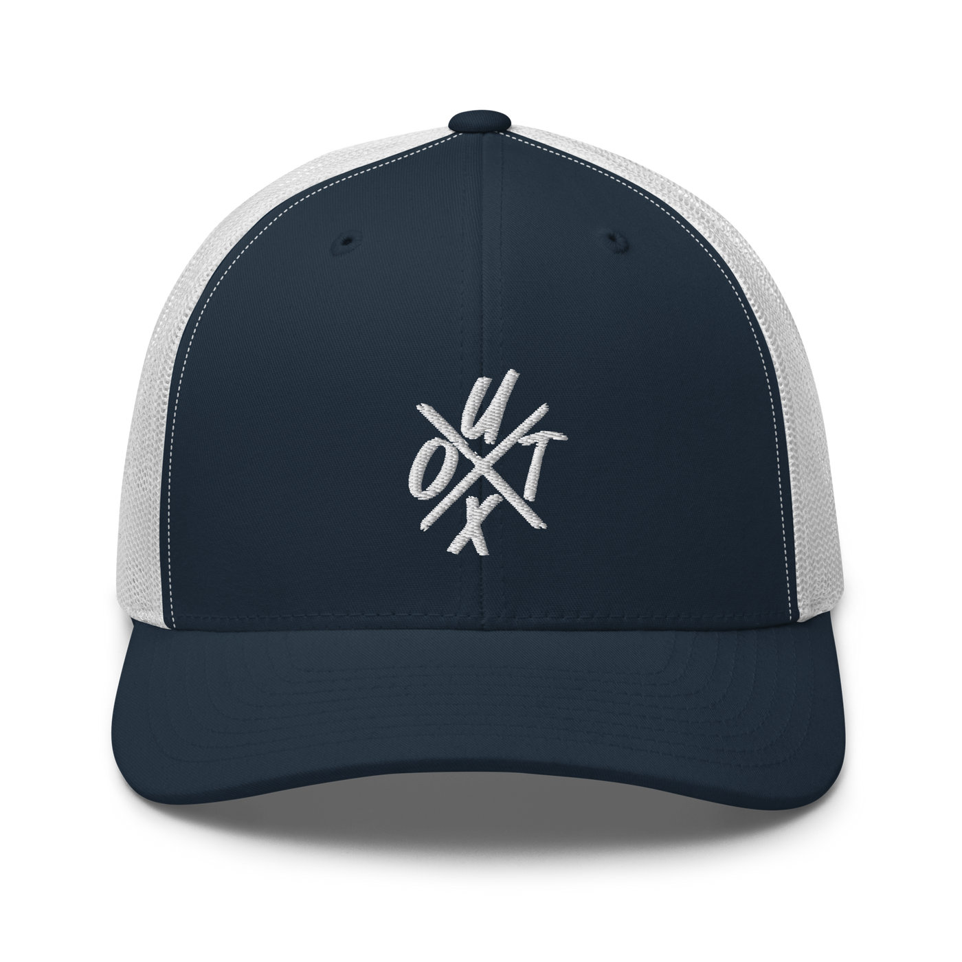 UTXO bitcoin trucker cap in Navy/ White, front view.