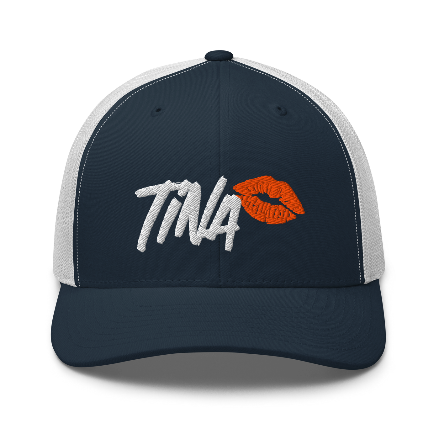 TINA bitcoin trucker cap in Navy/ White, front view.