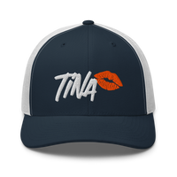 TINA bitcoin trucker cap in Navy/ White, front view.
