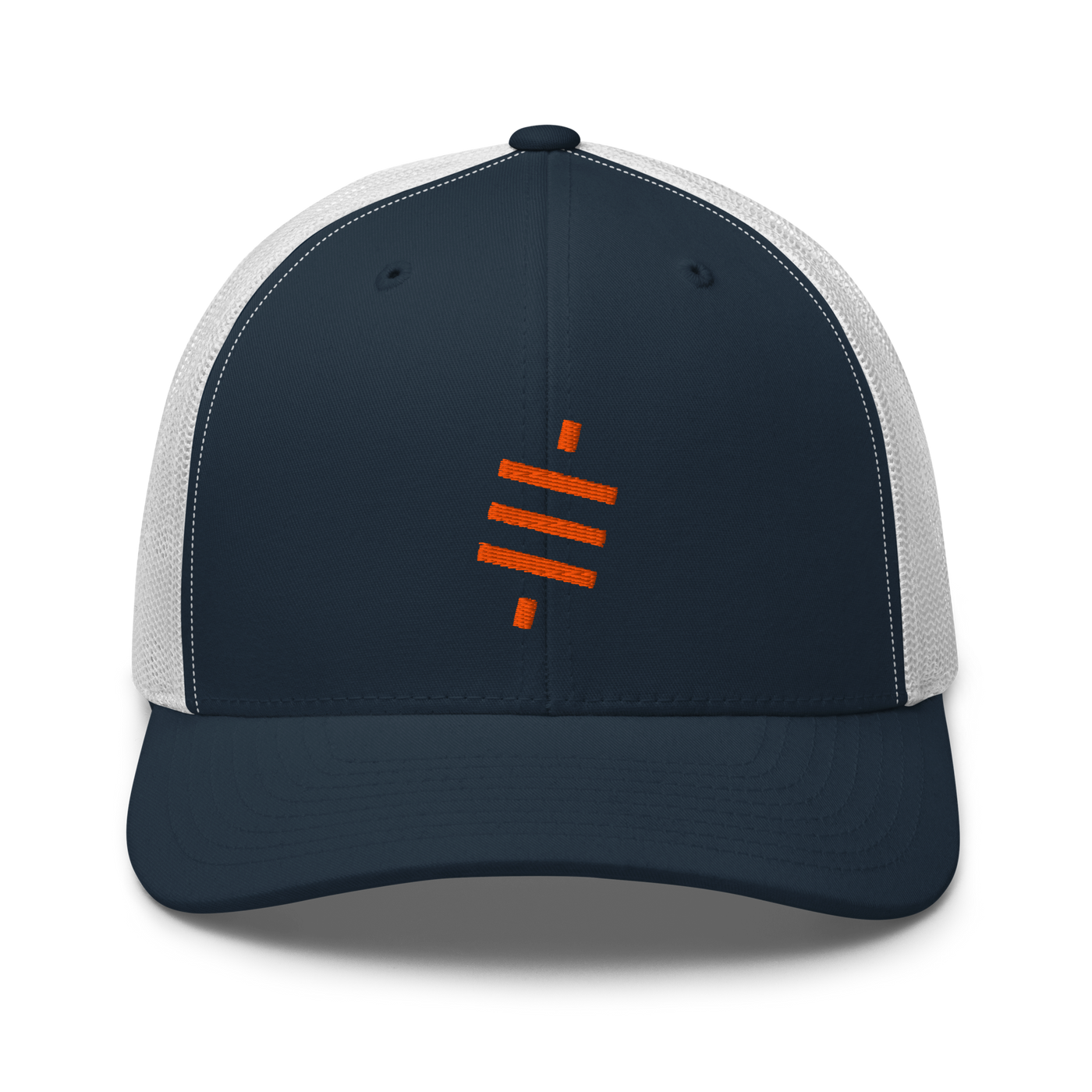 Sats symbol bitcoin trucker cap in Navy/ White, front view.