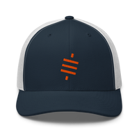 Sats symbol bitcoin trucker cap in Navy/ White, front view.
