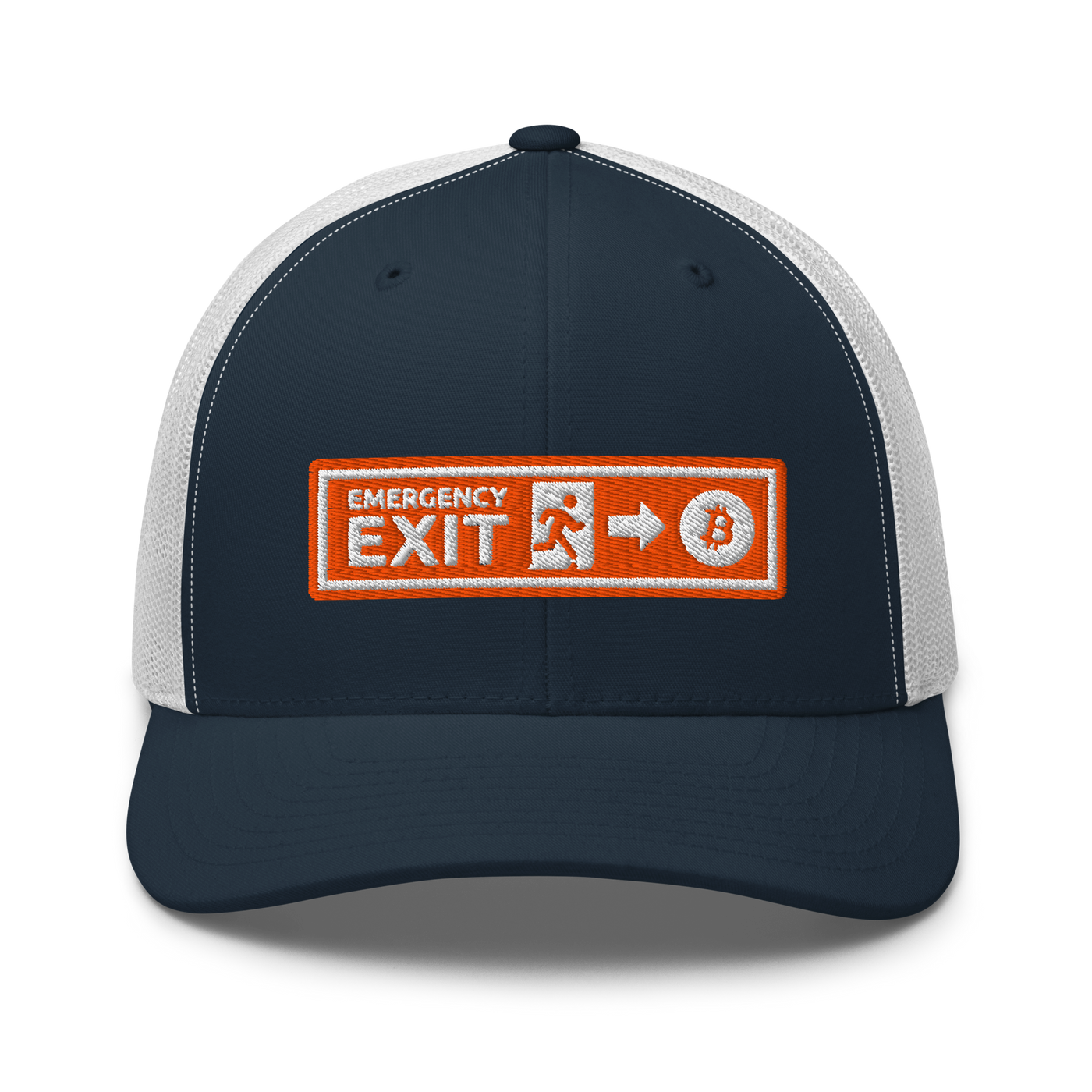 Emergency Exit bitcoin trucker cap in Navy/ White, front view.
